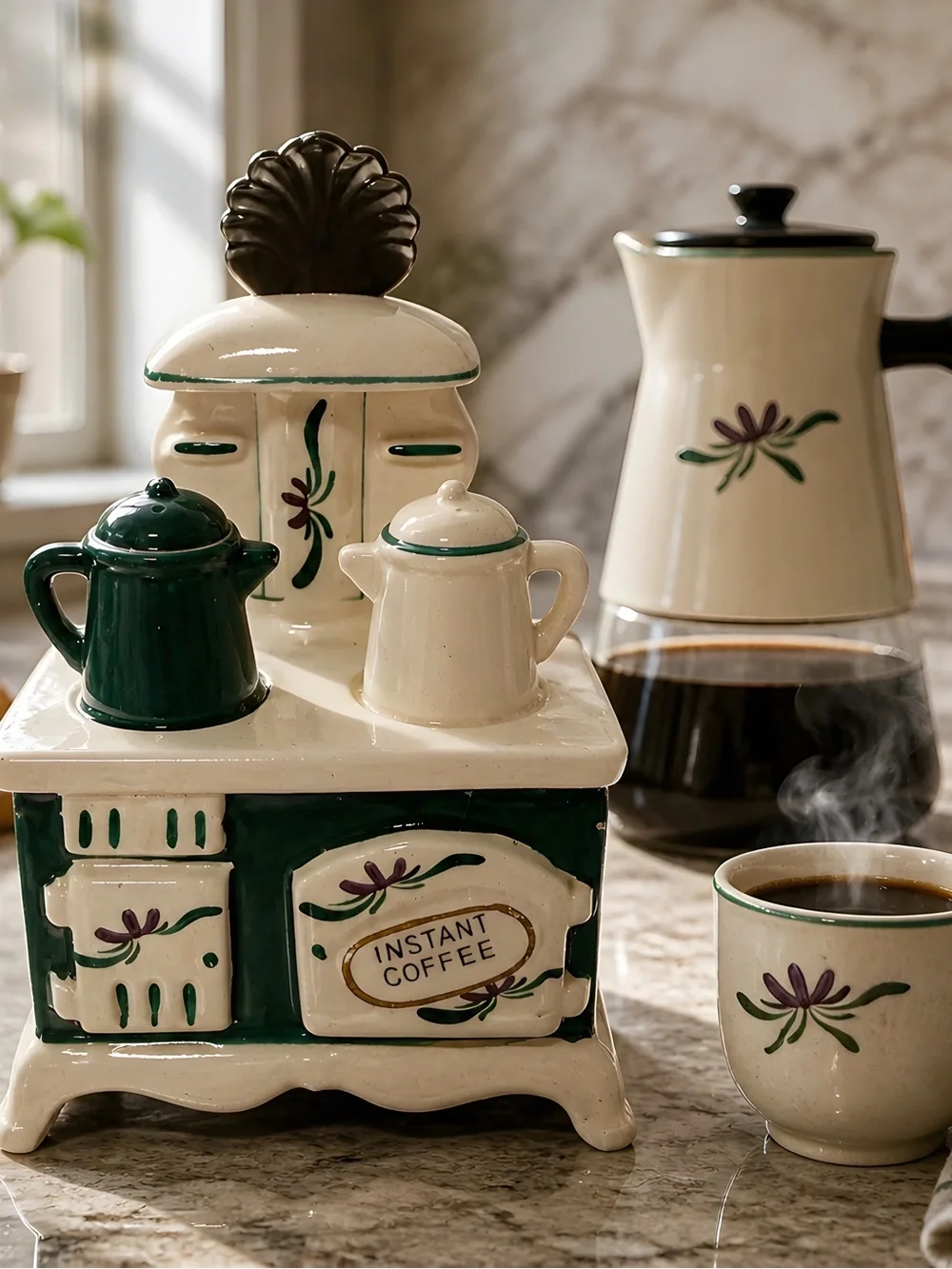 Vintage Ceramic Instant Coffee Holder & Scoop Retro Kitchen Decor